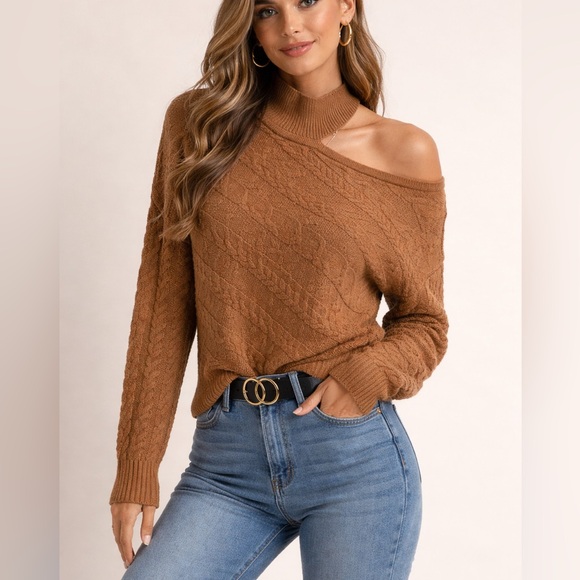 VENUS Sweaters - VENUS Off-the-Shoulder Brown Sweater